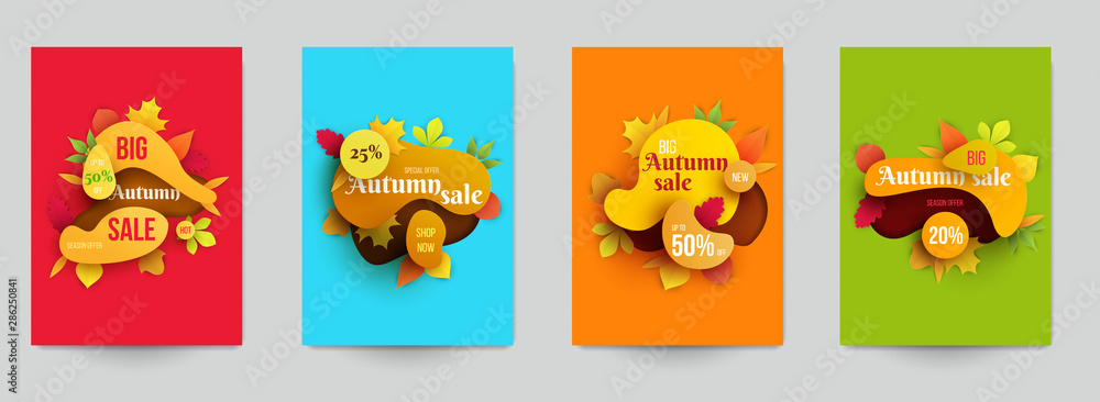 Set of creative concept with autumn sale banner with leaves in paper cut cartoon style. Template background for branding promotion company, design seasonal discounts. Colorful vector illustration.