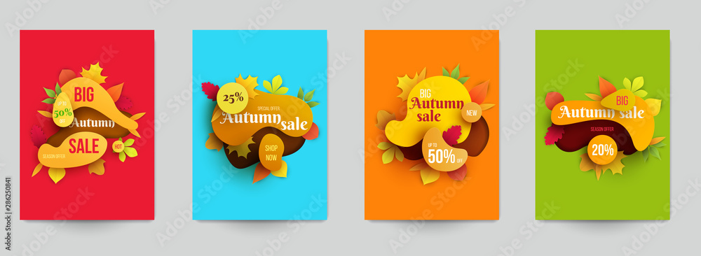 Naklejka premium Set of creative concept with autumn sale banner with leaves in paper cut cartoon style. Template background for branding promotion company, design seasonal discounts. Colorful vector illustration.