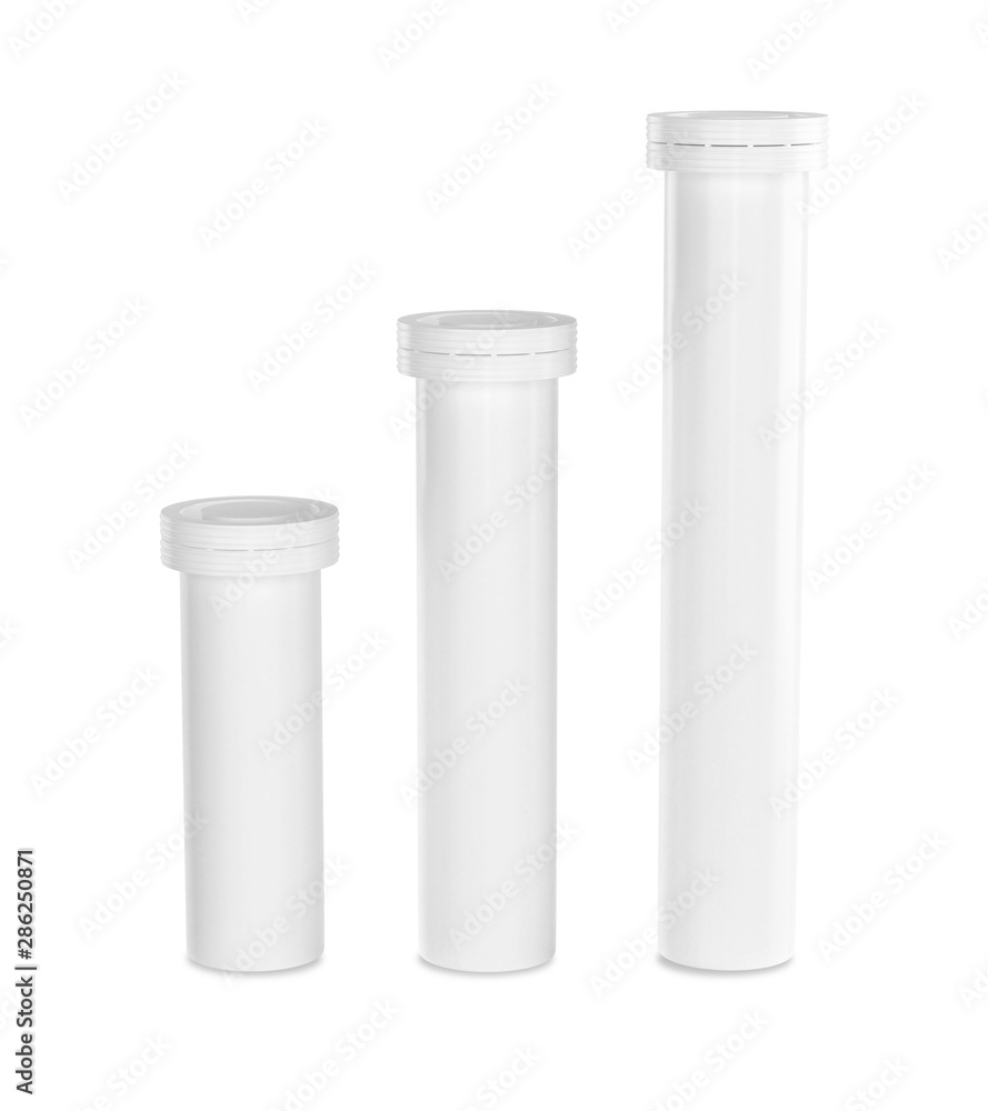 Effervescent tablets tubes mockup isolated on white background. Plastic bottle containers. Effervescent tablets tubes mockup isolated on white background. Plastic bottle containers.