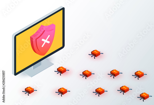 Computer monitor with and red bug viruses around. Isometric 3d data protection or digital online security concept. Flat vector illustration.