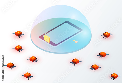 Smartphone in glass dome with red bug viruses around. Isometric 3d data protection or digital online security concept. Flat vector illustration.