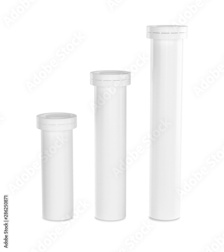 Effervescent tablets tubes mockup isolated on white background. Plastic bottle containers.