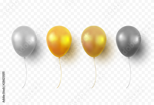 Balloons isolated on transparent background. Glossy gold  silver  black festive 3d helium ballons. Vector realistic translucent golden baloons mockup for anniversary  birthday party design