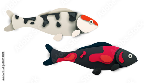 Cartoon koi fish in trendy paper cut craft graphic style isolated on white background. Modern design for advertising, branding greeting card, cover, poster, banner. Vector illustration.