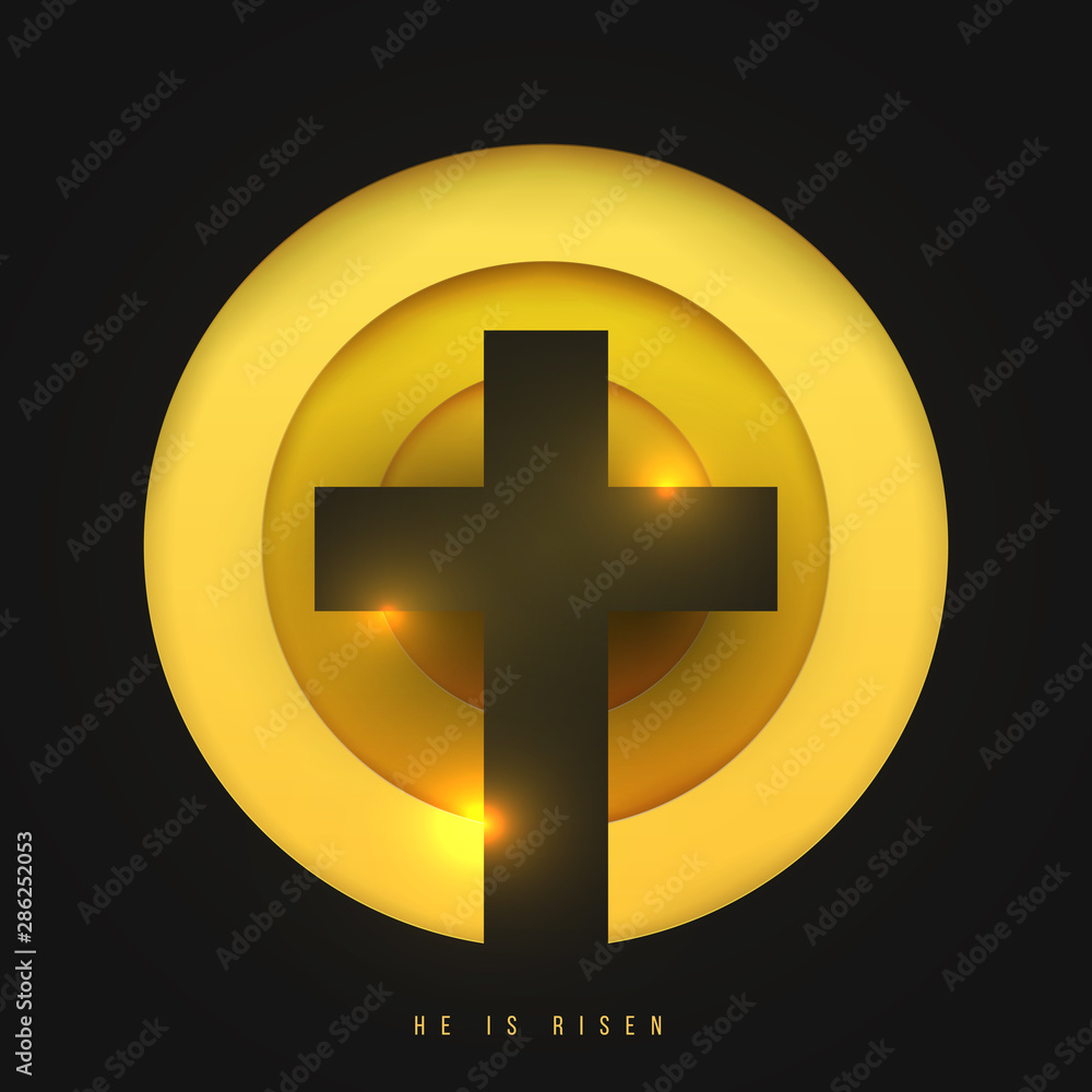 Obraz premium Christian cross in minimal trendy geometric paper cut style. Creative modern religious concept. Colorful vector illustration. Background for greeting card, banner, cover.