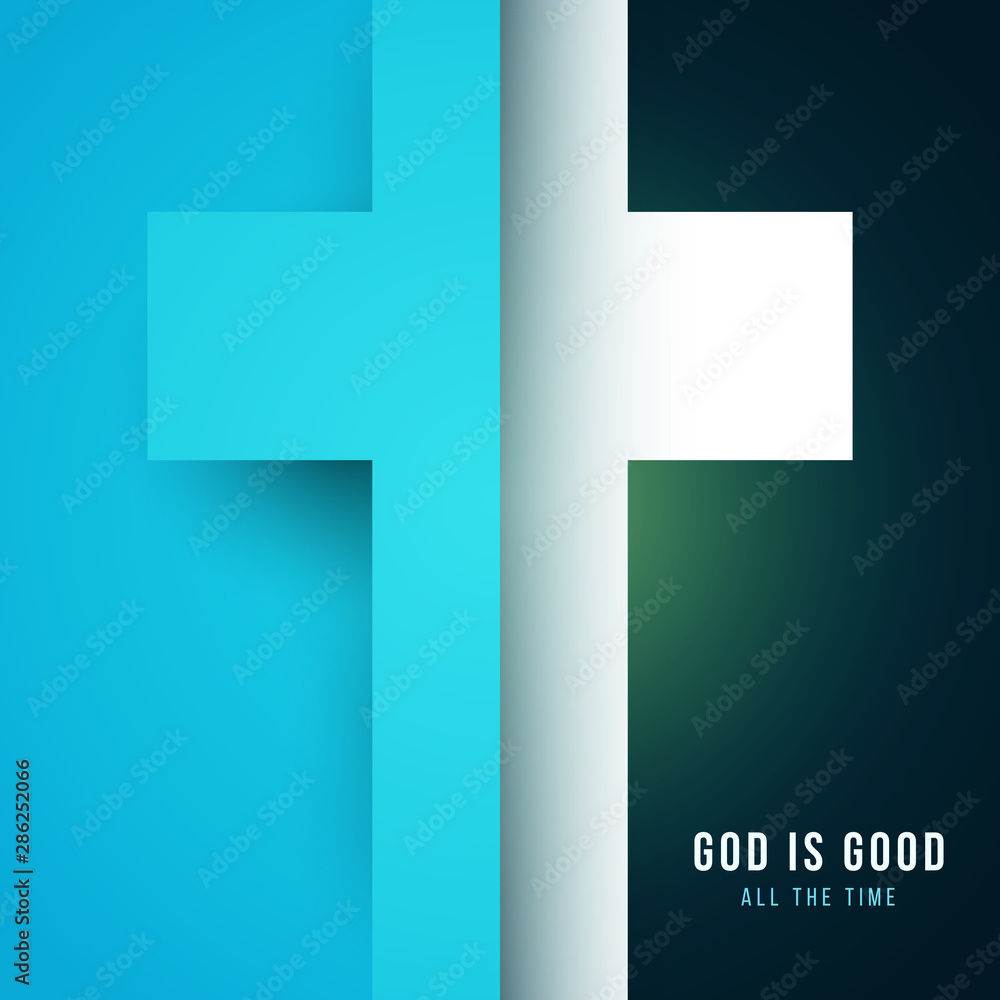 Obraz premium Christian cross in minimal trendy geometric paper cut style. Creative modern religious concept. Colorful vector illustration. Background for greeting card, banner, cover.