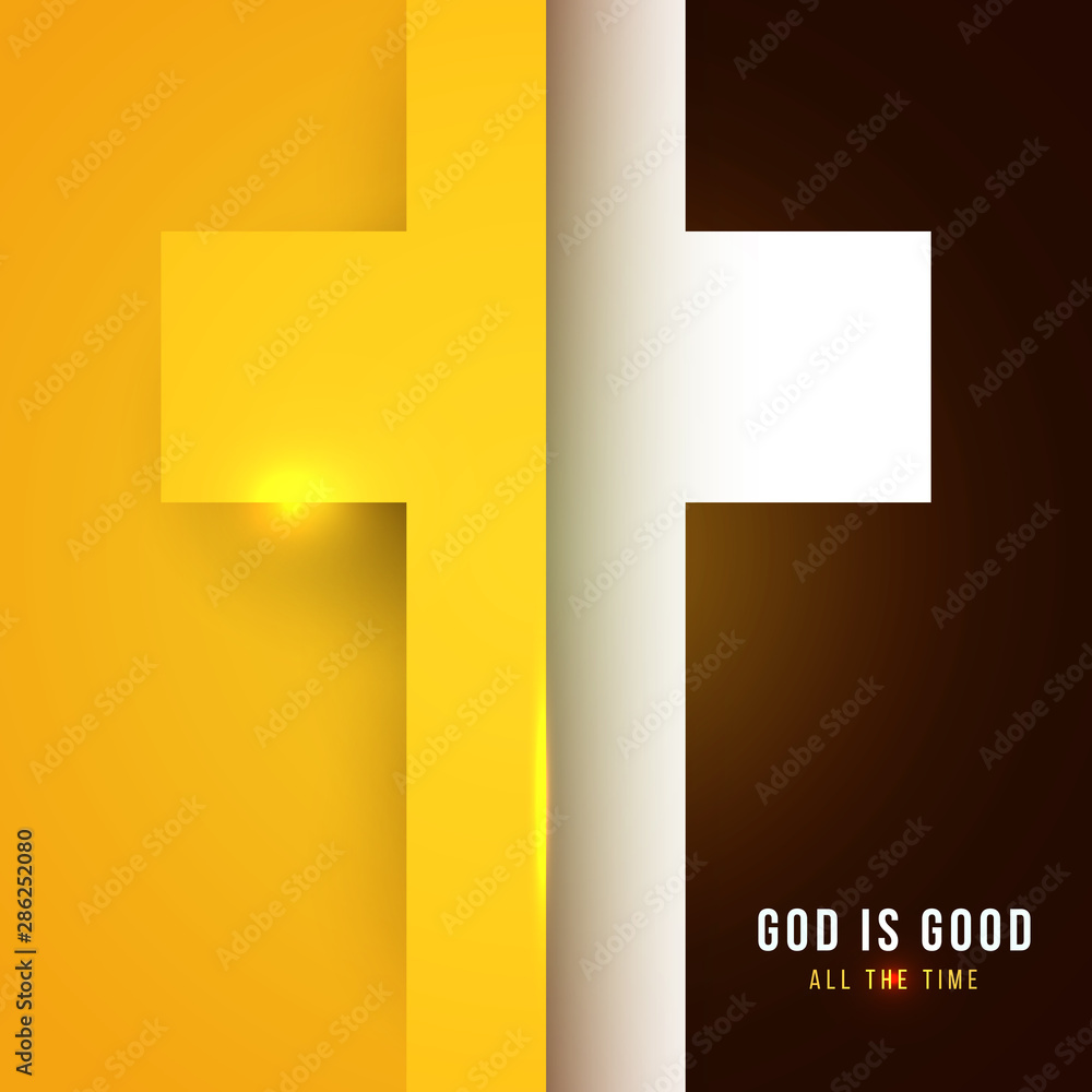 Obraz premium Christian golden cross in minimal trendy geometric paper cut style. Creative modern religious concept. Colorful vector illustration. Background for greeting card, banner, cover.