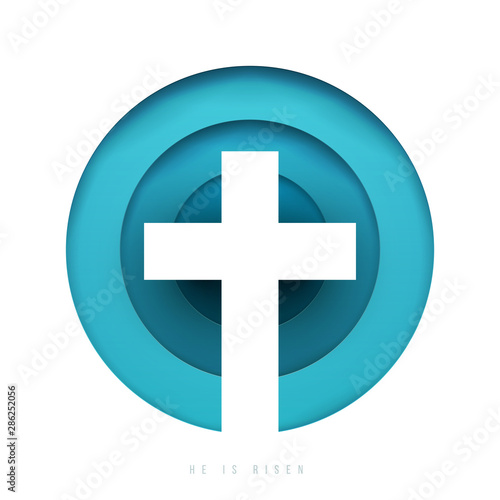 Christian cross in minimal trendy geometric paper cut style. Creative modern religious concept. Colorful vector illustration. Background for greeting card, banner, cover.