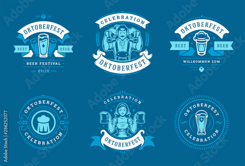 Oktoberfest badges and labels set vintage typographic design templates vector illustration.