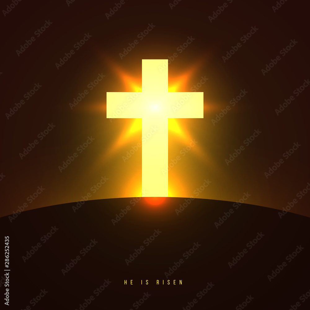 Christian cross on hill with ray light or shine . Creative modern religious minimalistic concept. Colorful vector illustration. Background for greeting card, banner, cover.