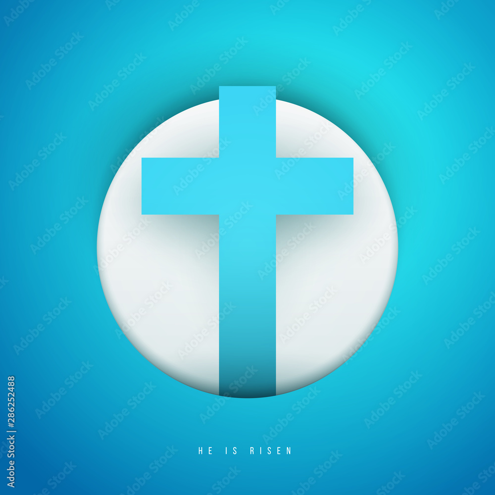 Obraz premium Christian cross in minimal trendy geometric paper cut style. Creative modern religious concept. Colorful vector illustration. Background for greeting card, banner, cover.