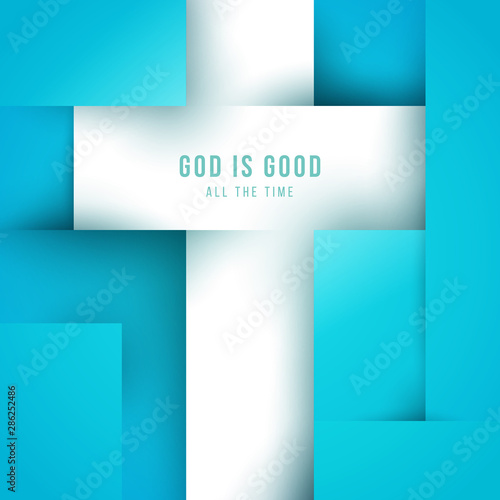 Christian cross in minimal trendy geometric paper cut style. Creative modern religious concept. Colorful vector illustration. Background for greeting card, banner, cover.