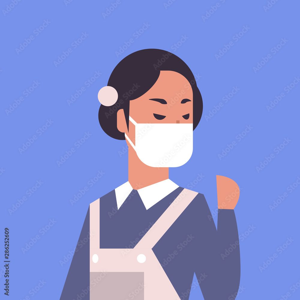 woman wearing face mask environmental industrial smog dust toxic air pollution and virus protection concept female cartoon character portrait flat