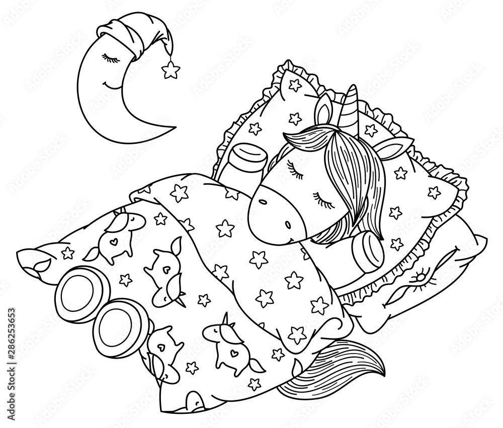 Vector cute, sleeping unicorn in bed, black silhouettes for coloring ...