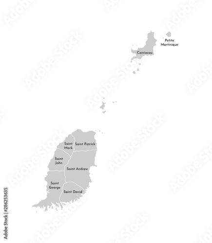 Vector isolated illustration of simplified administrative map of Grenada. Borders and names of the parishes (regions) and islands with status of dependency. Grey silhouettes. White outline