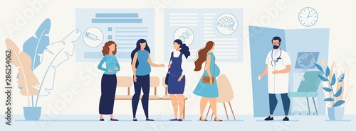 Pregnant Women Queue to Doctor Office Cartoon