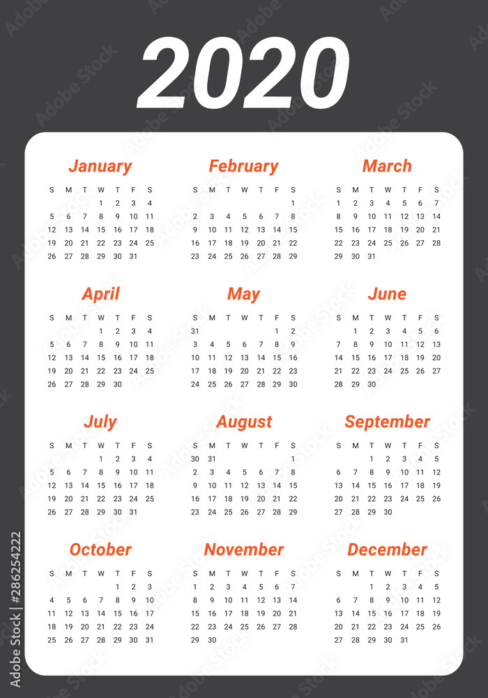 Year 2020 calendar vector design template Year 2020 calendar vector design template