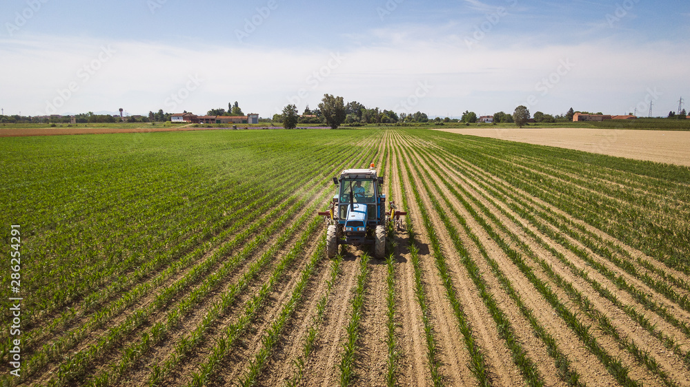Drone aerial view of a soy field with a agricultural machine working Drone aerial view of a soy field with a agricultural machine working