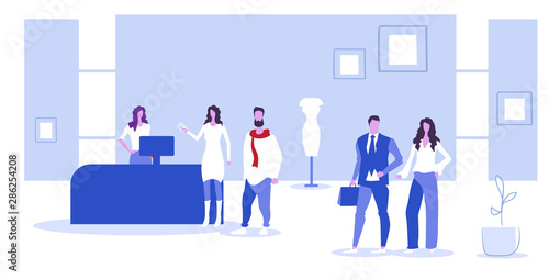 customers standing at cash desk counter people choosing clothes big sale concept fashion boutique interior sketch horizontal full length