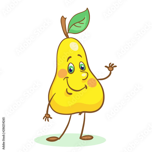 Funny smiling pear stands isolated on a white background. In cartoon style.