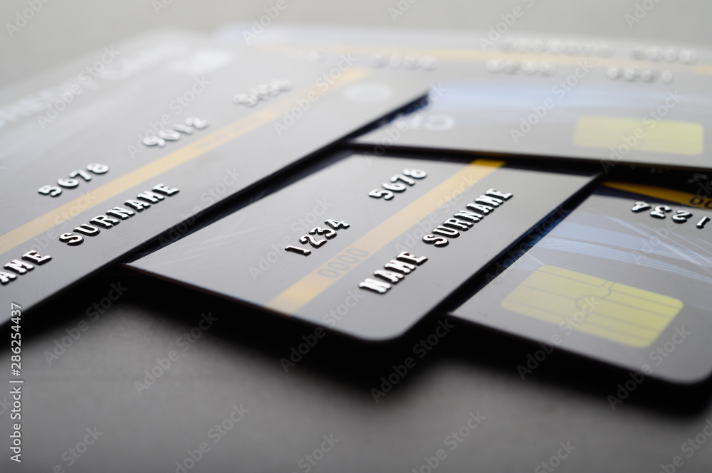 Credit cards that are stacked on the floor,selective focus Credit cards that are stacked on the floor,selective focus