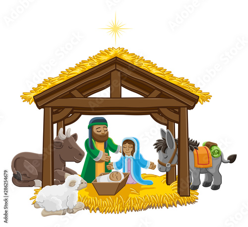 A Christmas nativity scene cartoon, with baby Jesus, Mary and Joseph in the manger and donkey and other animals. The City of Bethlehem and star above. Christian religious illustration.