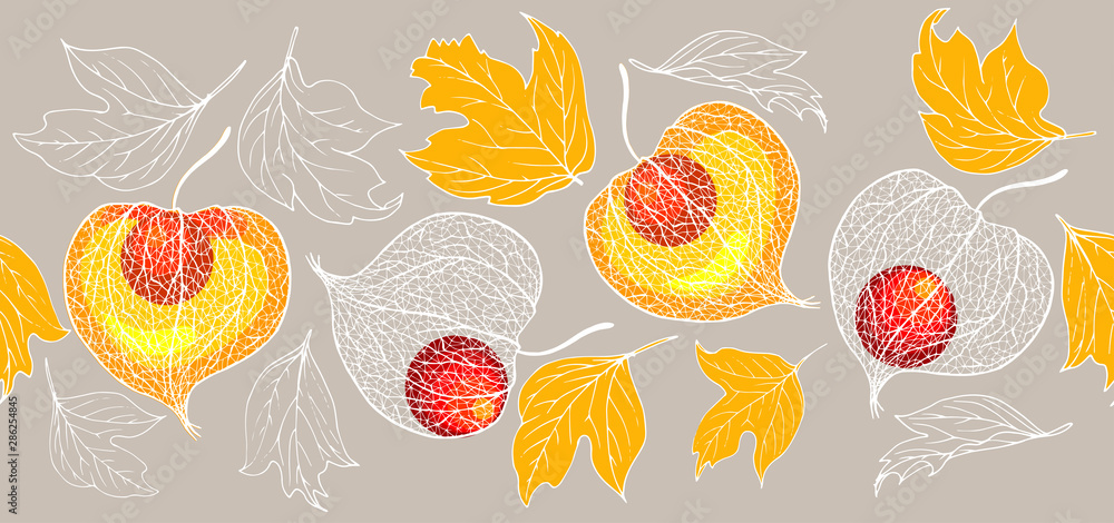 Physalis fruit and autumn leaves seamless Physalis fruit and autumn leaves seamless