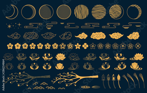 Collection of gold decorative elements in oriental style with moon, stars, clouds, tree branch, lotus flowers, grass, for Chinese New Year, Mid Autumn Festival. Isolated objects. Vector illustration.