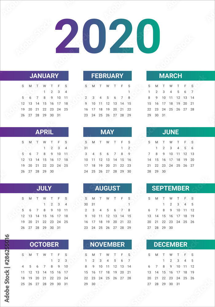 Year 2020 calendar vector design template Year 2020 calendar vector design template