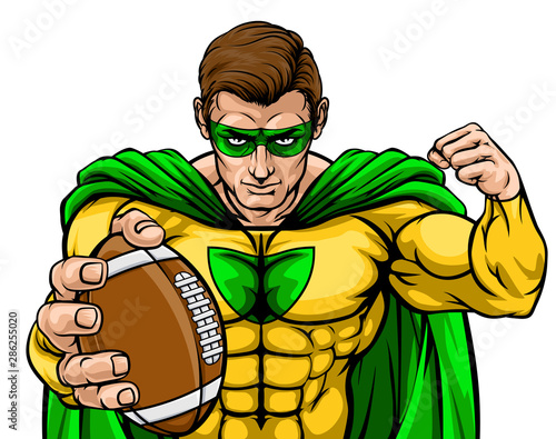 A superhero American football sports mascot holding a ball