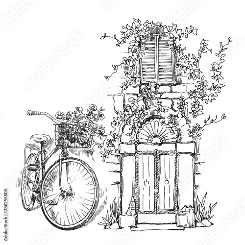 Hand made sketch of old street. Line art vintage style illustration.