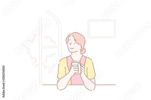 Girl in love dreams of, thinks, or resting drinking a cup of coffee at kitchen. Happy young housewife after work at home. Vector flat design.