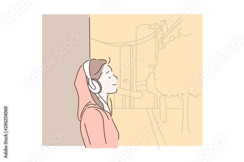 Love of music concept. Happy young woman listening to music on headphones. Girl musician listens to audio tracks or radio in her smartphone. Vector flat design.