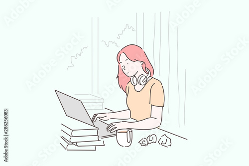 Deadline, time management, audit concept. Tired, sad and stress girl working on a laptop. Woman clerk upset or does not have time to make a report on the computer. Vector flat design.