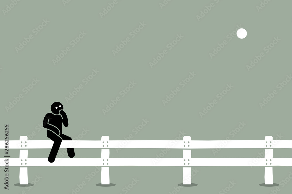 Man sitting on the fence. Vector artwork concept of undecided