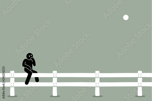 Man sitting on the fence. Vector artwork concept of undecided, indecisive, thinking, doubt, uncertain, and choosing options between two alternatives.