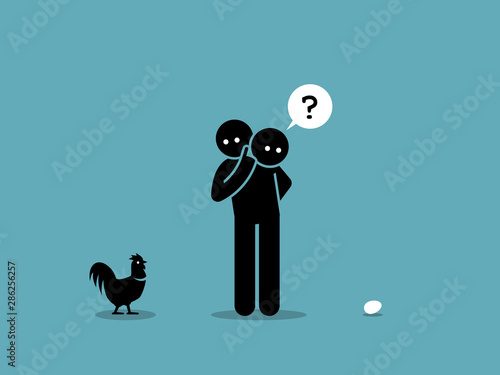 Chicken or Egg. Who come first argument. Vector artwork showing a man looking at both a chicken and an egg and wondering which came first.