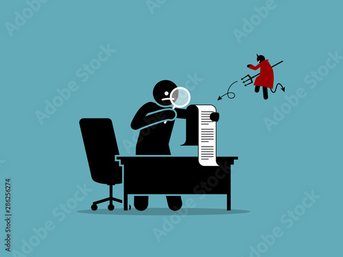 The devil is in the details. Vector artwork showing a man checking a document or agreement with a magnifying glass in details.