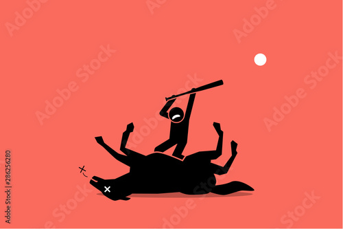 Don't beat a dead horse. Vector artwork showing a man beating an already dead horse with a stick. Concept of waste of time, no result, useless, and impossible.