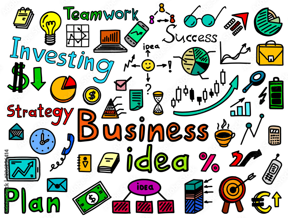 Business idea strategy, investing, hand drawn icon set. Finance symbols and words sketches Business idea strategy, investing, hand drawn icon set. Finance symbols and words sketches