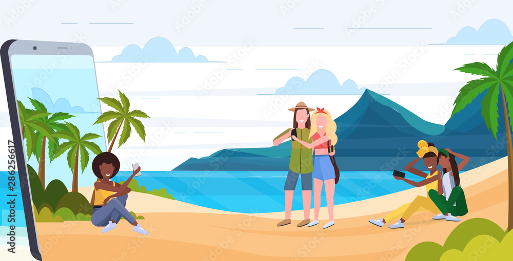 people using cellphones mix race men women relaxing on tropical island sea beach summer vacation digital addiction concept smartphone screen mobile app flat full length horizontal