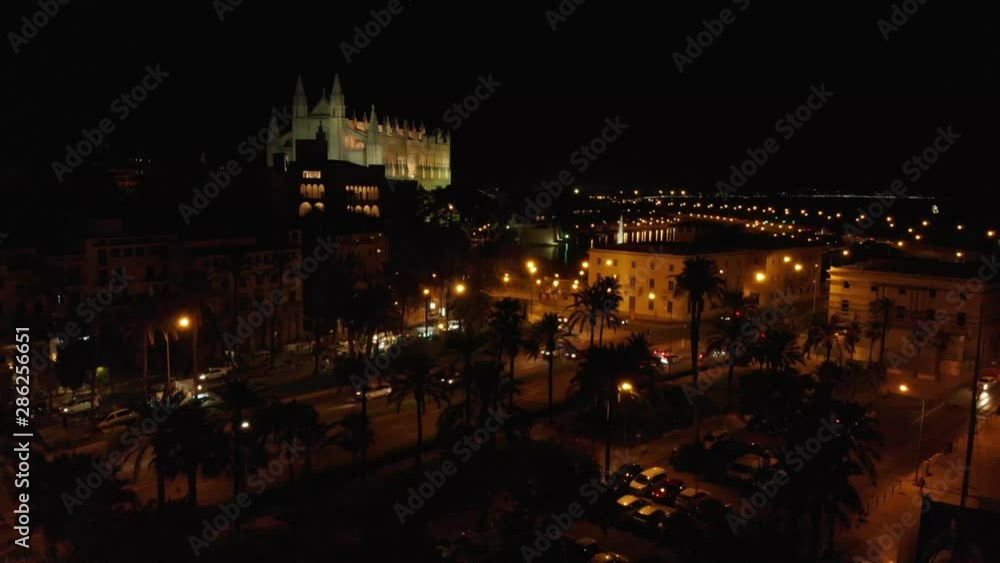 Mallorca Palma Spain by night from the port with a drone view at 4k 24fps Mallorca Palma Spain by night from the port with a drone view at 4k 24fps