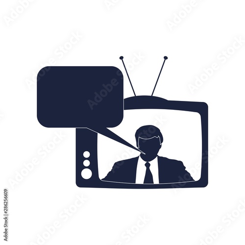 Television set broadcasting the news with an reporter and bubble speech.