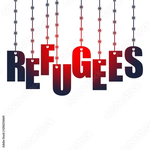 Image relative to migration from Africa to European Union. Refugees text hanging by barbed wire