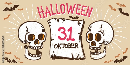 Halloween template poster ad with skulls. Retro vintage style. Vector illustration.