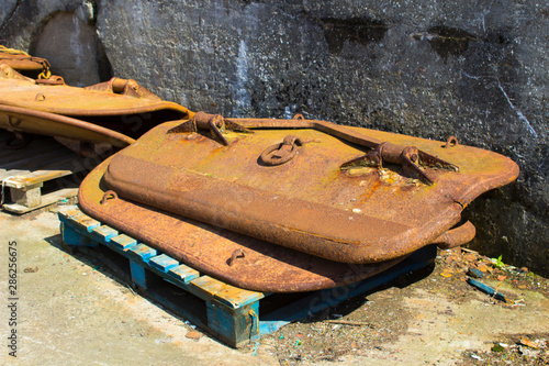 Trawler doors on the quayside at Ardglass harbour photo