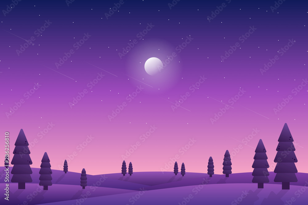 Fototapeta premium Purple starry night sky landscape with pine forest illustration