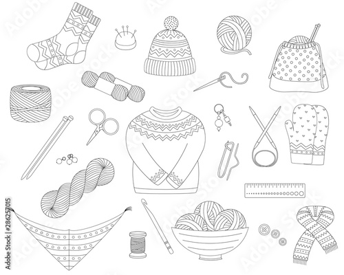 Set of vector line icons for knitting and crochet (yarn, needles, socks, sweater, hook and other DIY tools)