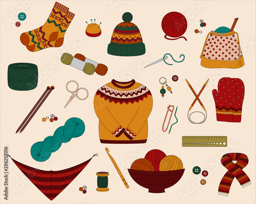 Set of vector icons for knitting and crochet (yarn, needles, socks, sweater, hook and other DIY tools)