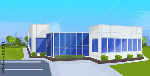 modern corporate architecture office building exterior with large panoramic windows commercial business center design landscape background flat horizontal